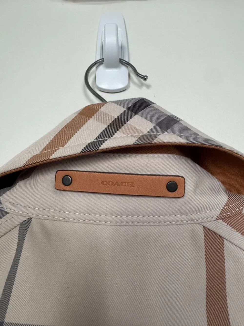 Coach New York tattersall beige plaid trench coat work business light academia